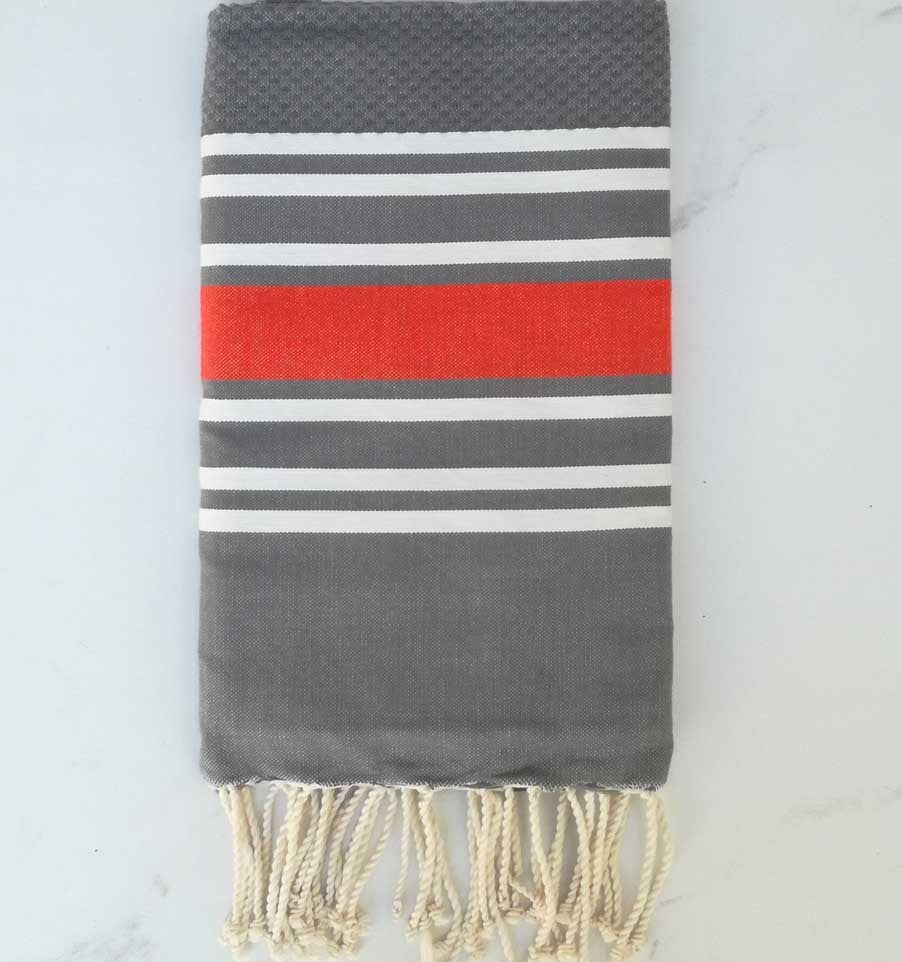 Fouta nid d'abeille gris et orange 