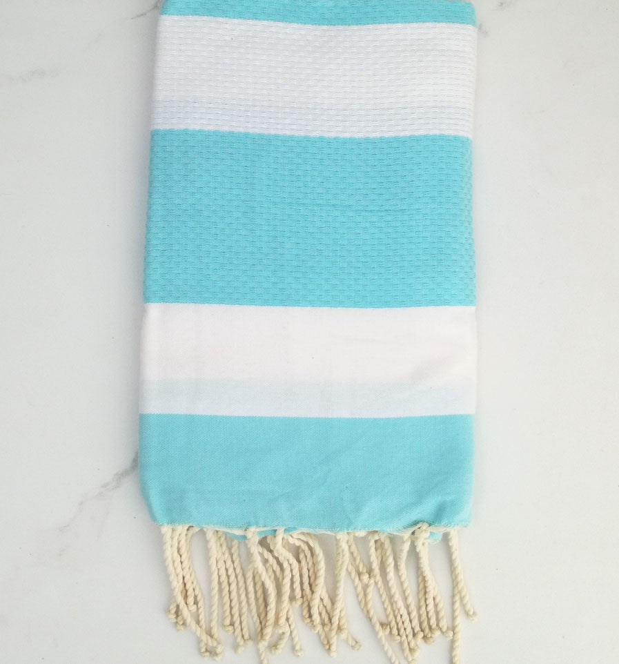 Fouta nid d'abeille blanc et turquoise 