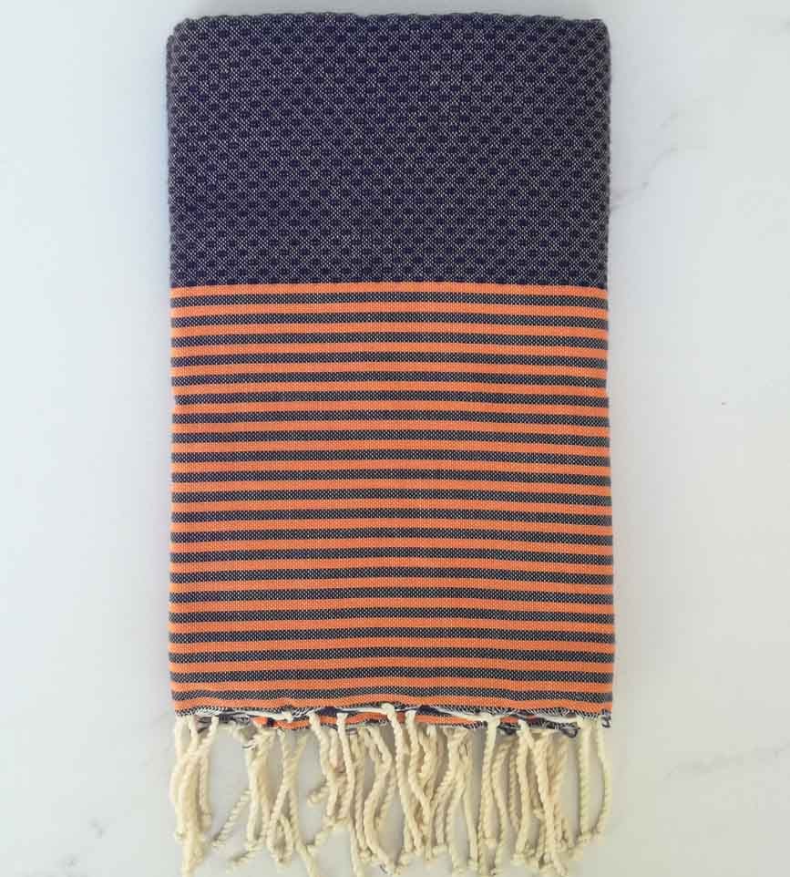 Fouta nid d'abeille bleu rayée orange 
