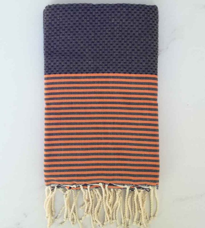Fouta nid d'abeille bleu rayée orange 