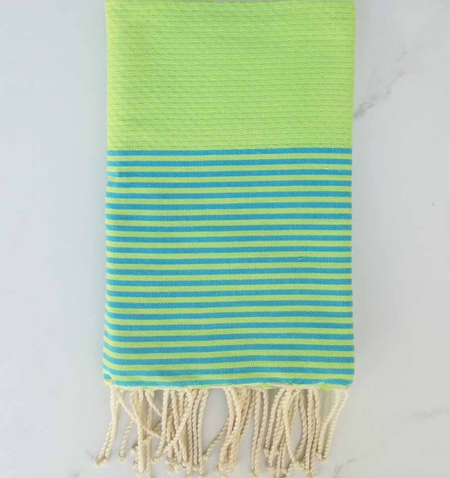 Fouta nid d'abeille vert rayée bleu 