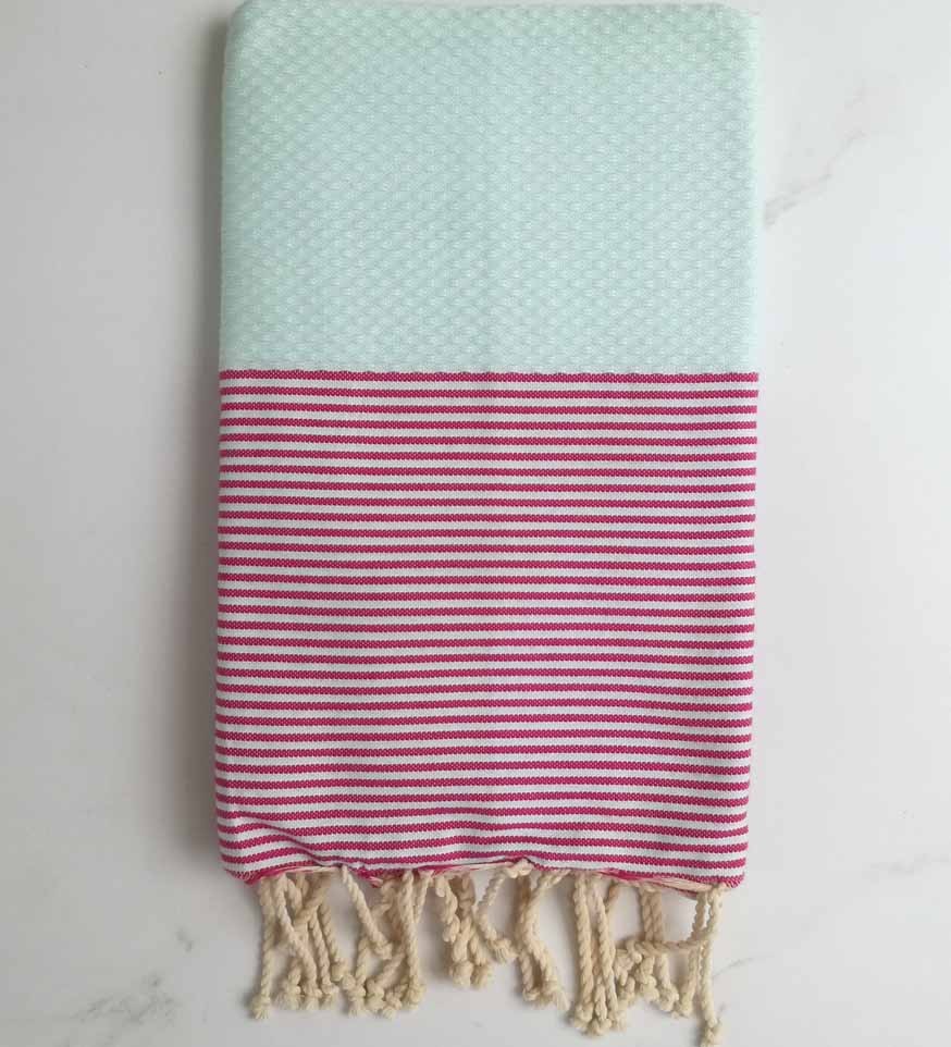 FOUTA NID D'ABEILLE vert pistache rayée rose 