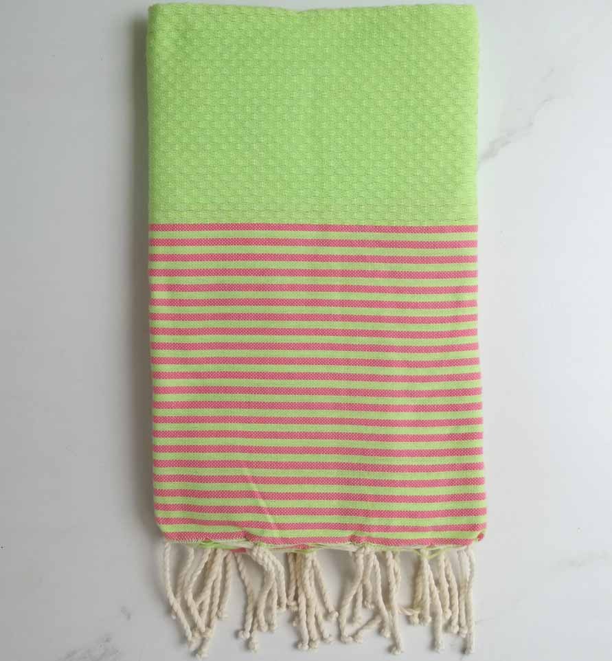 Fouta nid d'abeille vert lime rayée rose 