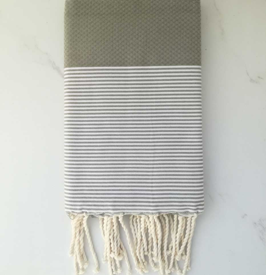 FOUTA NID D'ABEILLE beige vert rayée blanc 