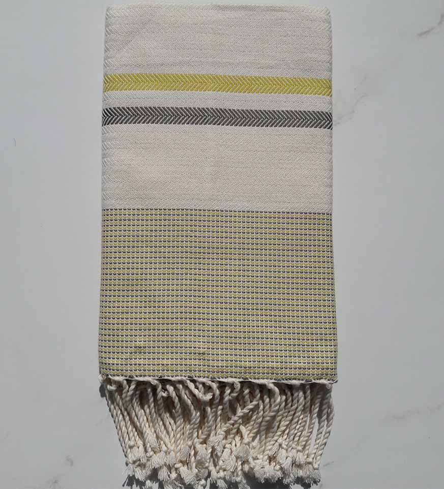 Fouta Chevron blanc crème, lemon et gris taupe 