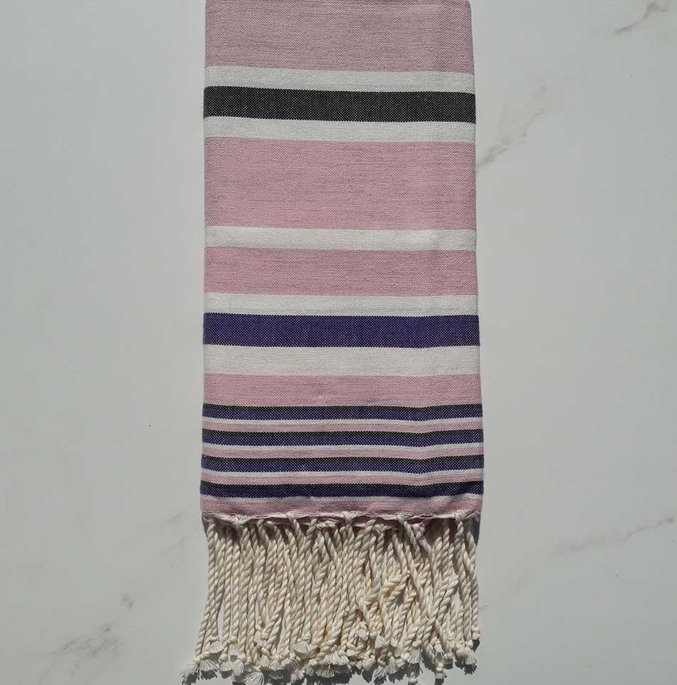 Fouta Dina rose rayée blanc, mauve et anthracite 