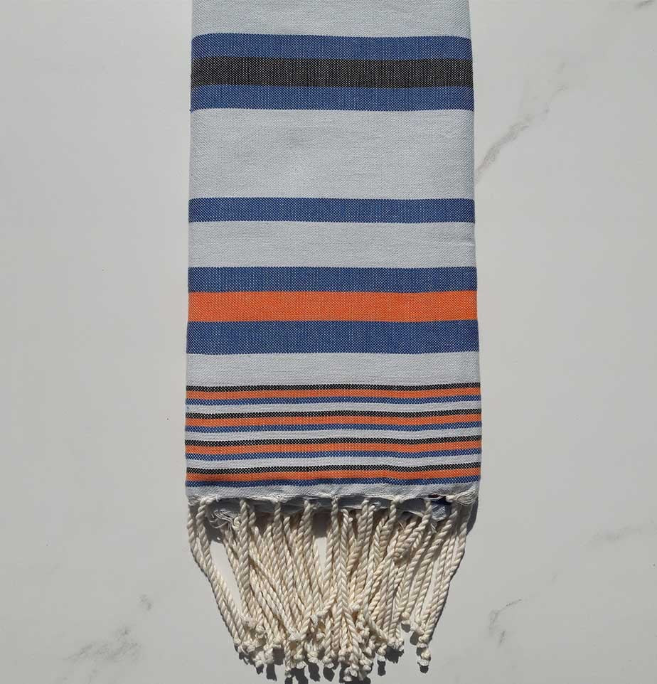 Fouta Dina bleu clair rayée anthracite, bleu et orange 