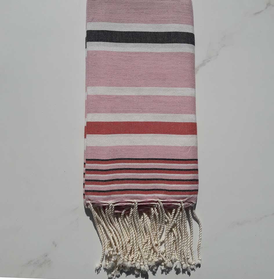 Fouta Dina rose rayée blanc, brique et anthracite 