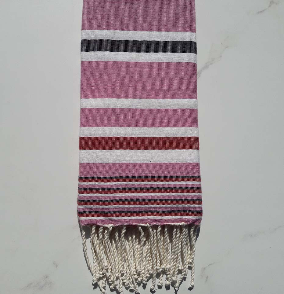 Fouta Dina rose rayée blanc, anthracite et rouge 