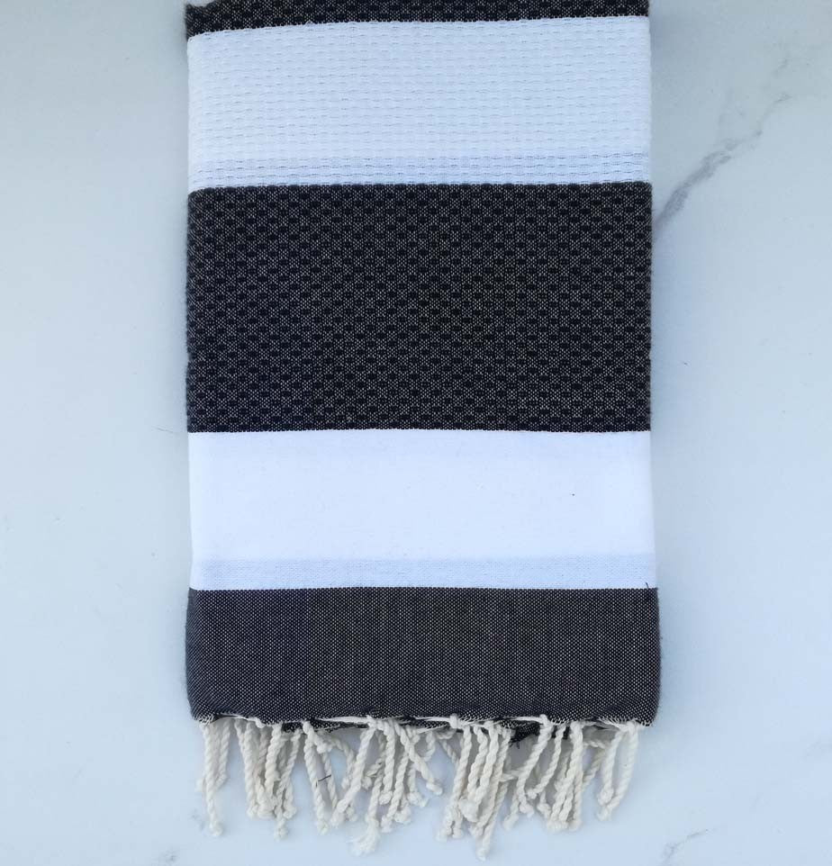 Fouta nid d'abeille blanc et gris anthracite 
