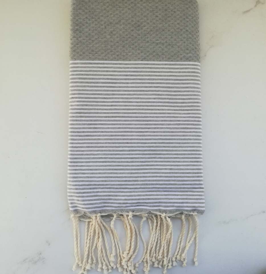 Fouta nid d'abeille gris lin rayée blanc 