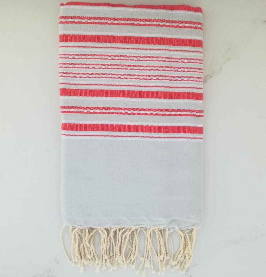 Fouta arabesque bleu fumée rayée rose 