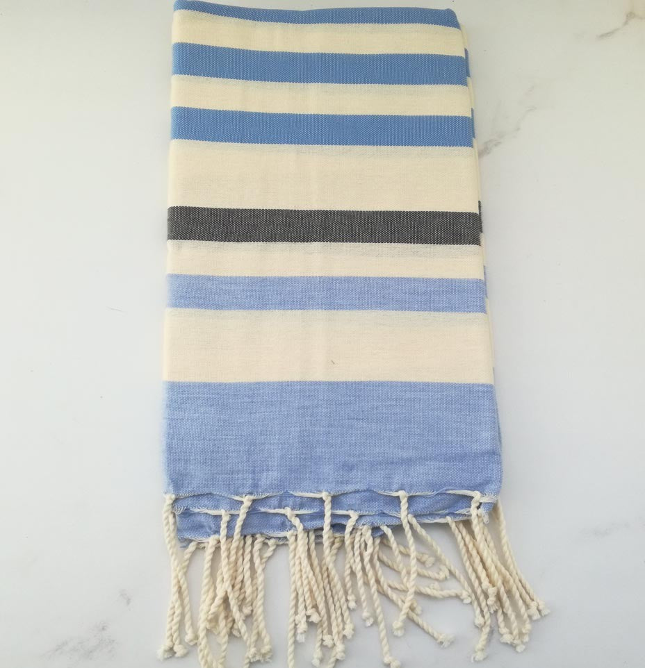 Fouta bleu, gris anthracite et blanc crème 