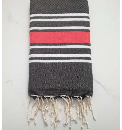 Fouta nid d'abeille gris anthracite rayée rouge anglais 