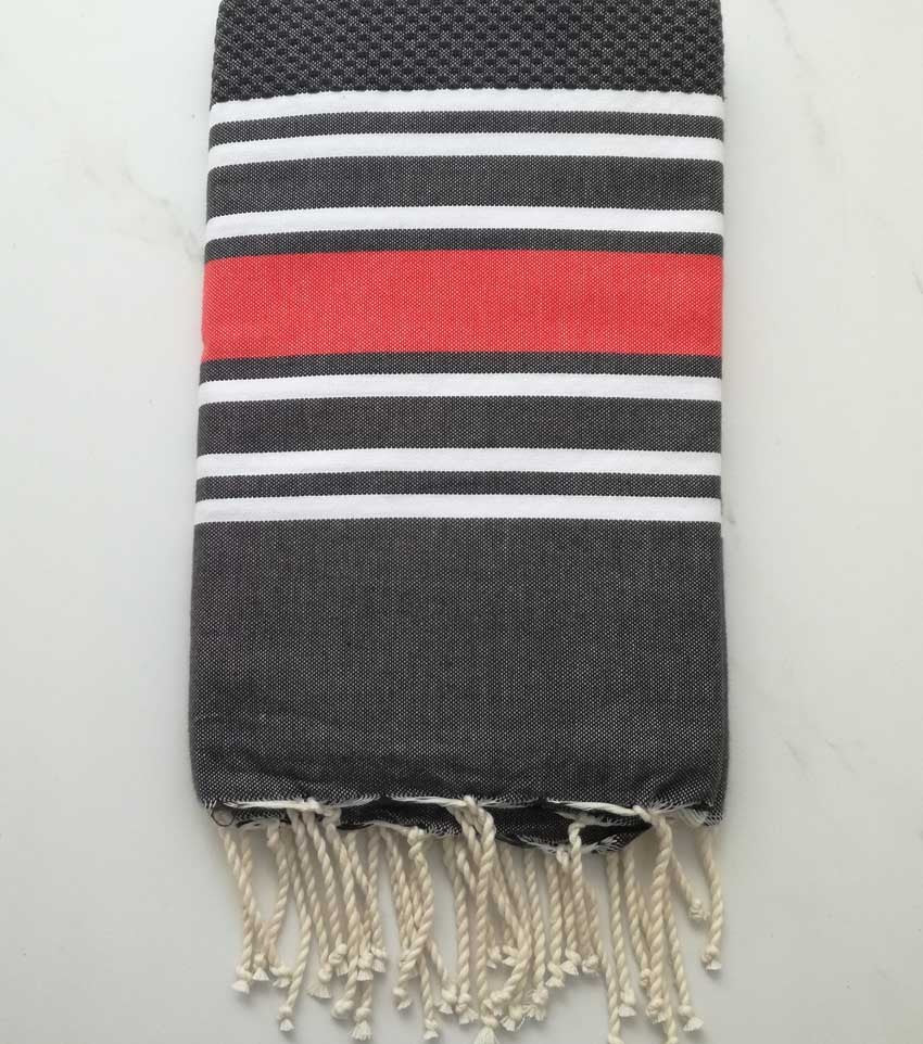 Fouta nid d'abeille gris anthracite rayée rouge anglais 