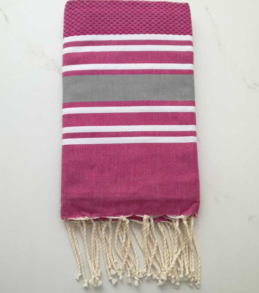Fouta nid d'abeille violine rayée gris 