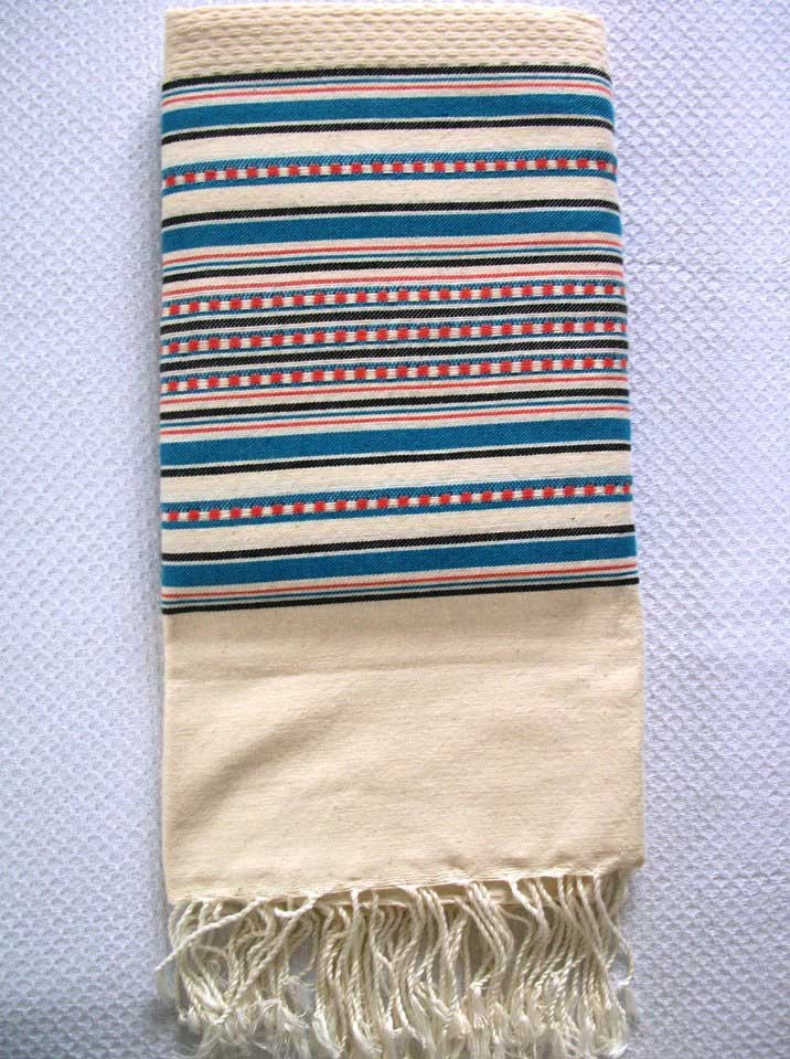 Fouta arabesque rayures bleu rouge coraille 