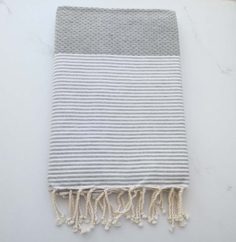 Fouta nid d'abeille gris lin rayée blanc 