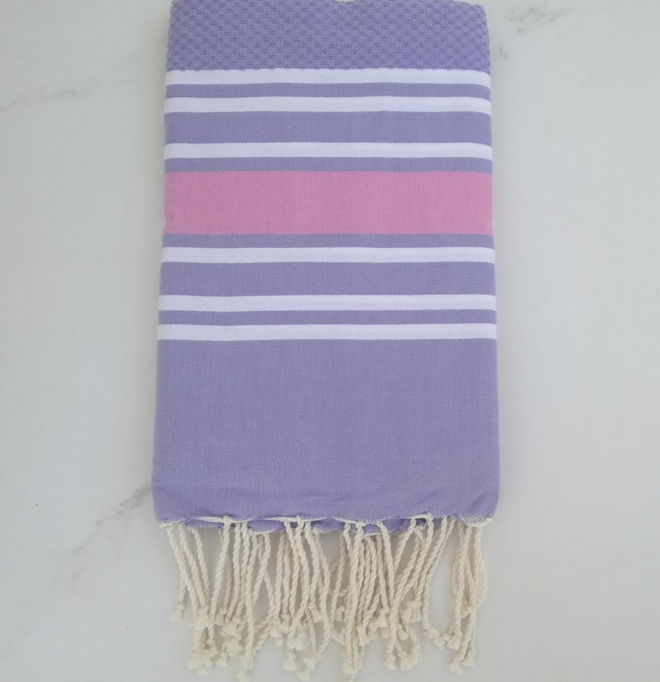Fouta nid d'abeille violet clair rayée rose clair 