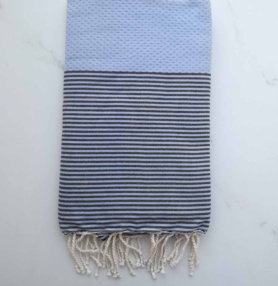 FOUTA NID D'ABEILLE bleu pompadour rayée noir 