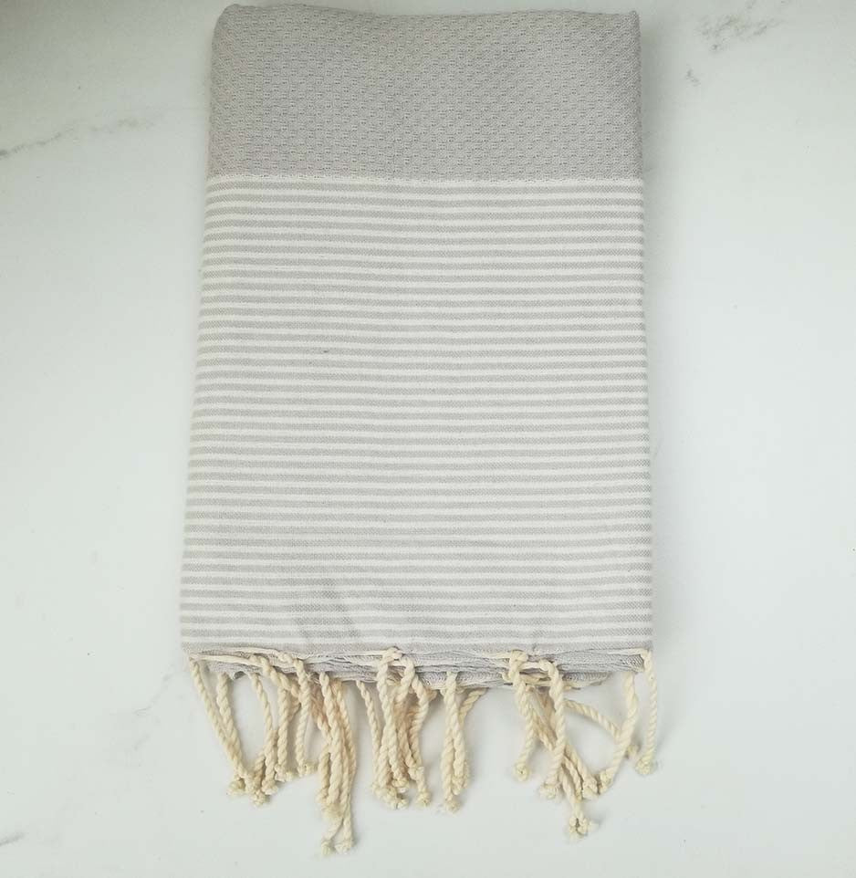 FOUTA NID D'ABEILLE gris perle rayée blanc 