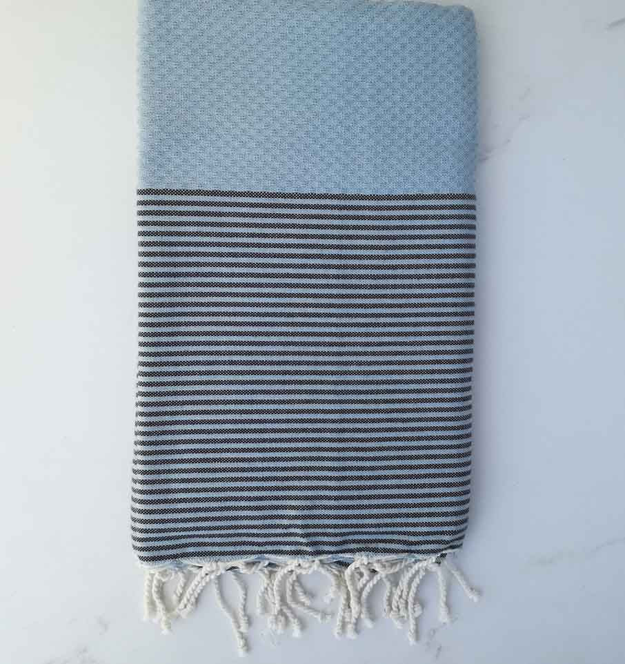 Fouta nid d'abeille bleu charron rayée anthracite 
