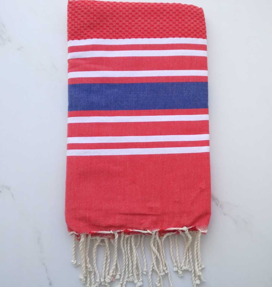 Fouta nid d'abeille rouge rayée bleu 