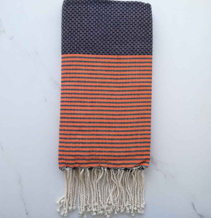 Fouta nid d'abeille bleu rayée orange 