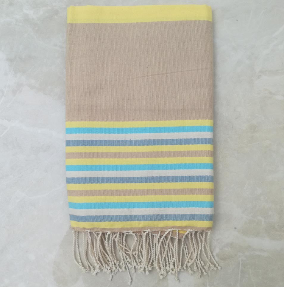 Fouta Plate beige, jaune, bleu azur, blanc crème et bleu horizon 
