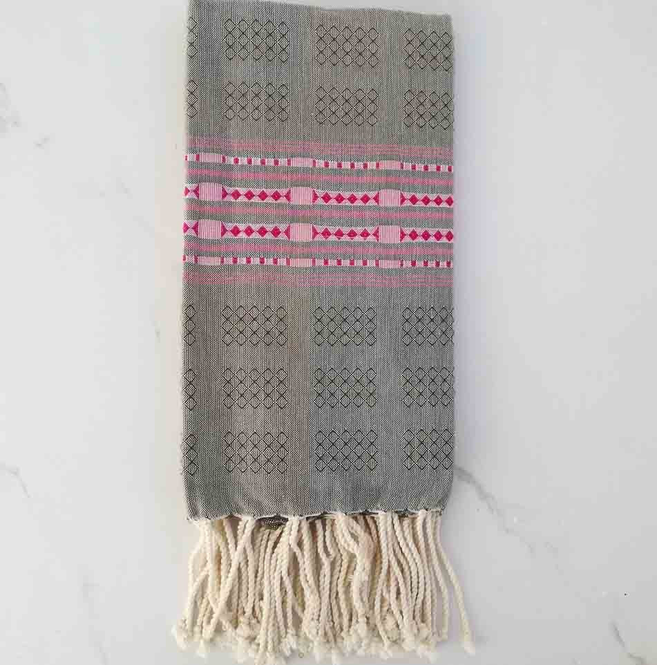 Fouta thalasso vert kaki et rose foncé 