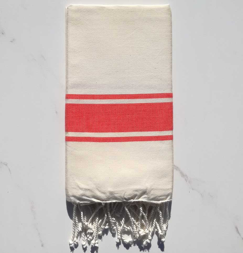 Fouta Plate blanc crème rayée rouge 