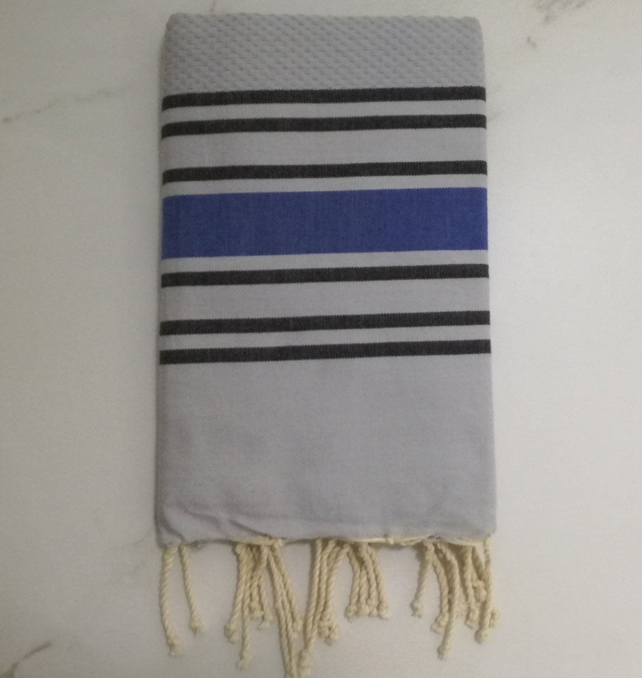 Fouta nid d'abeille bleu fumée rayée bleu et anthracite 