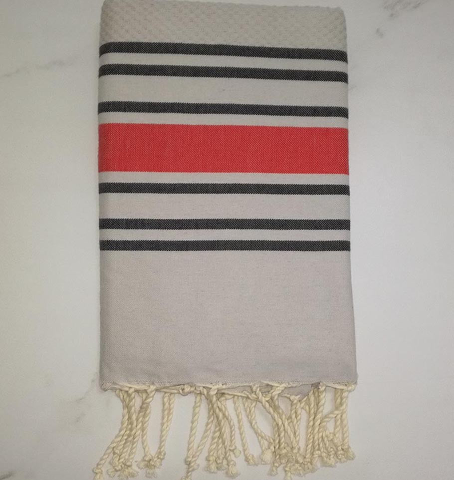 Fouta nid d'abeille gris perle rayée anthracite et rouge 