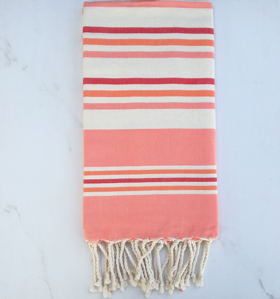 Fouta plate blanc crème, rose clair , rouge et orange 