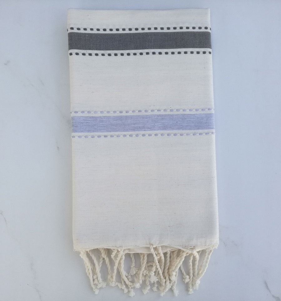 Fouta arabesque blanc crème gris foncé et gris bleu 