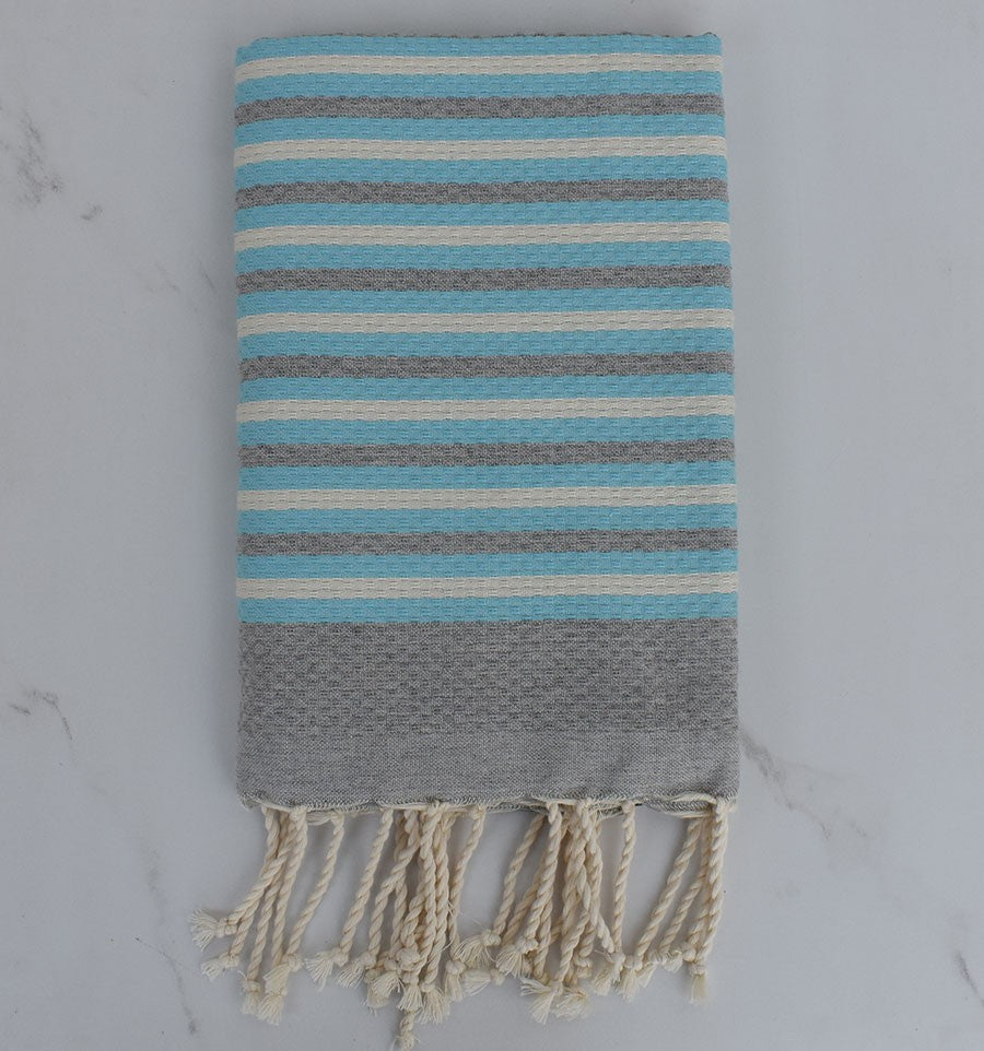 Fouta nid d'abeille rayée 1 cm gris, bleu azur et blanc crème 