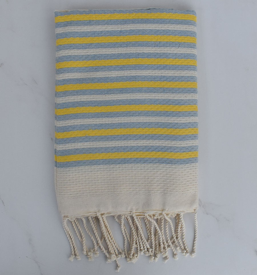 Telo mare nid d'abeille rayée 1 cm rayures jaune et bleu charrette 