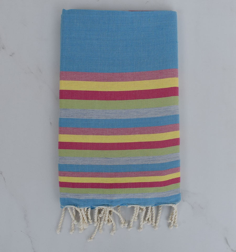 Fouta plate bleu, rose, jaune et vert 