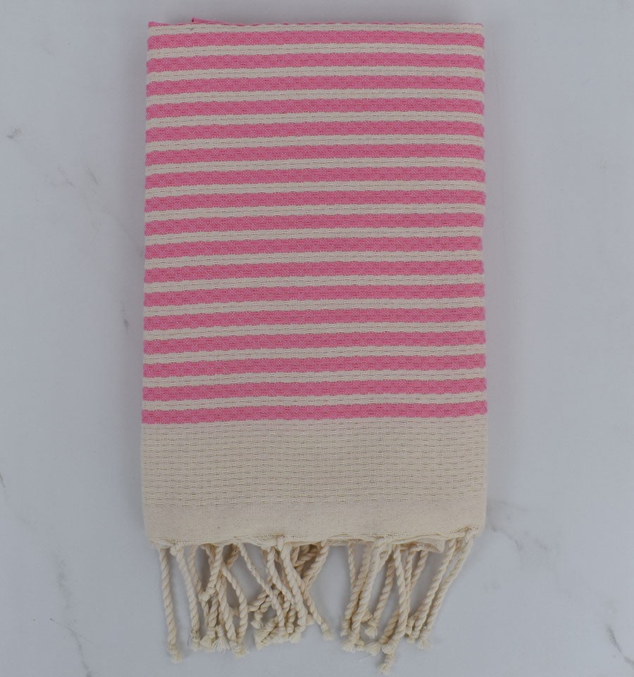 FOUTA nid d'abeille rayée 1 cm rayure rose clair 