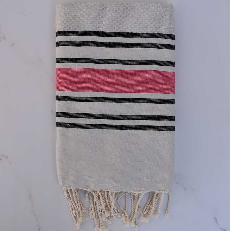 Fouta nid d'abeille gris perle rayée noir et rose 