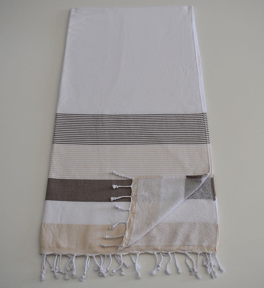 Fouta éponge blanc, marron et beige 