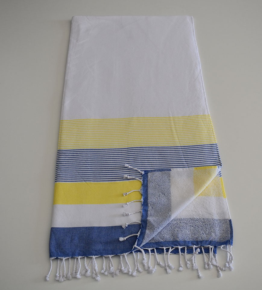 Fouta éponge blanc, jaune et bleu 