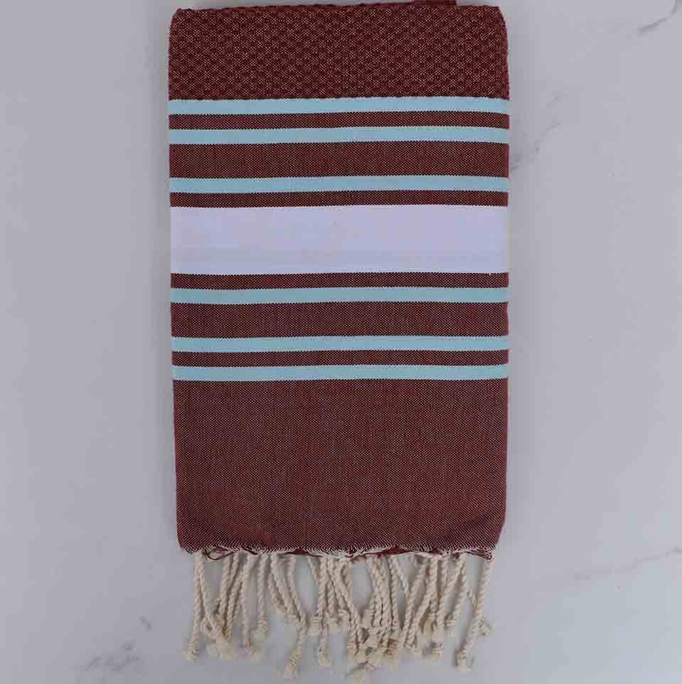 Fouta nid d'abeille rouge bourgogne rayée blanc et bleu clair 