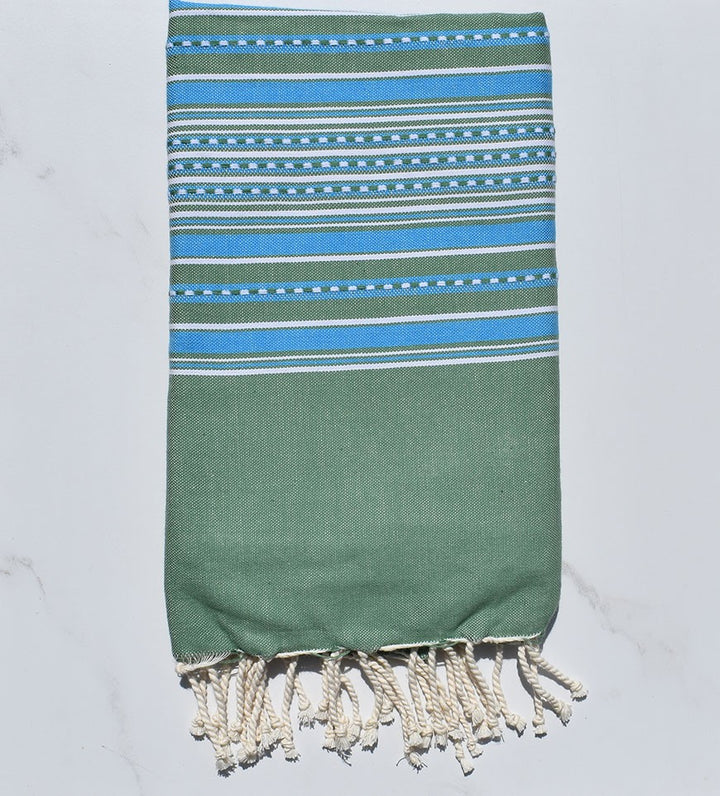 Fouta arabesque vert avec rayures bleu 