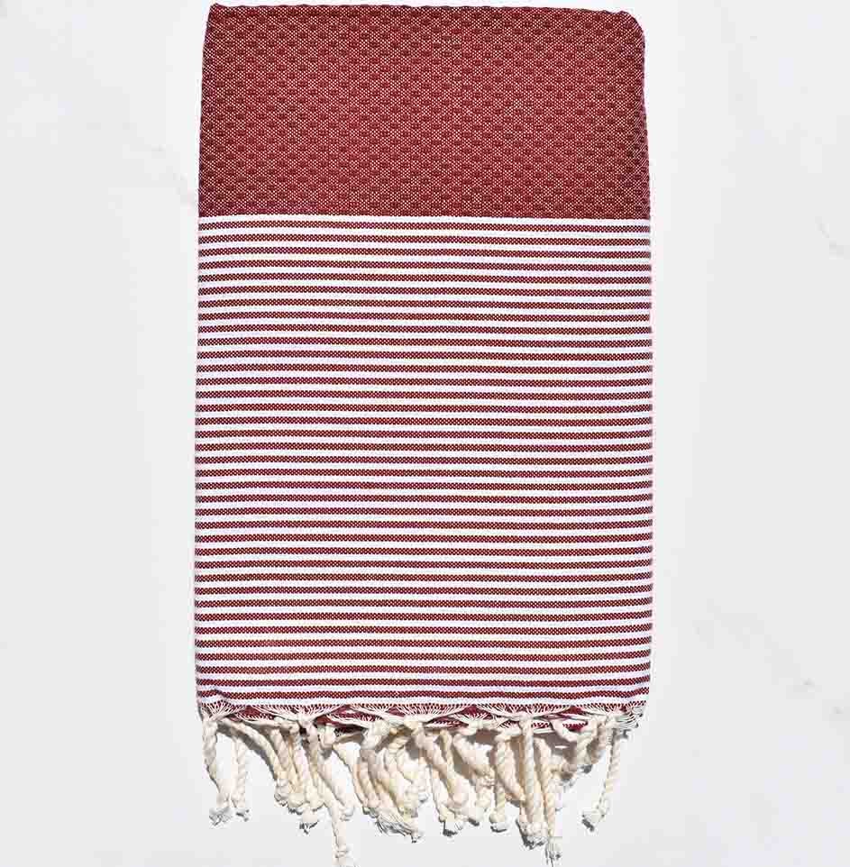 FOUTA NID D'ABEILLE rouge bourgogne rayée blanc 