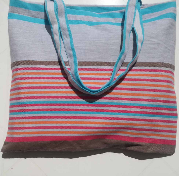 Sac de plage fouta gris clair, bistre, rose, orange et bleu azur 