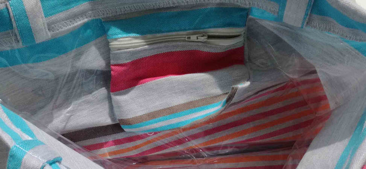 Sac de plage fouta gris clair, bistre, rose, orange et bleu azur 