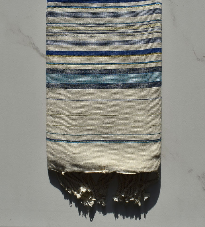 Fouta fadhila bleu et blanc crème avec lurex 