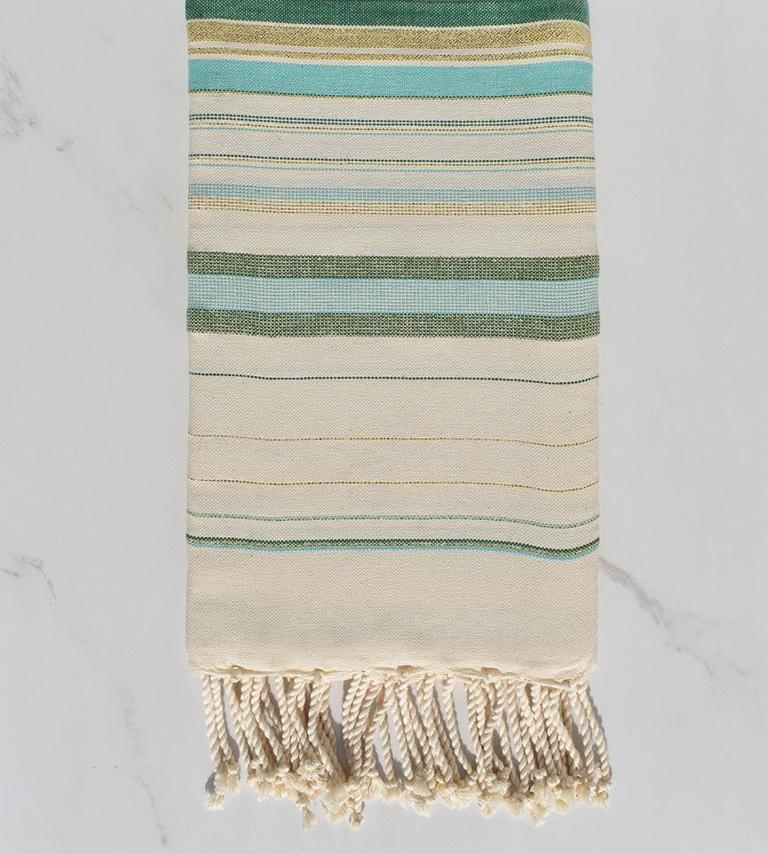 Fouta fadhila vert et blanc crème avec lurex 