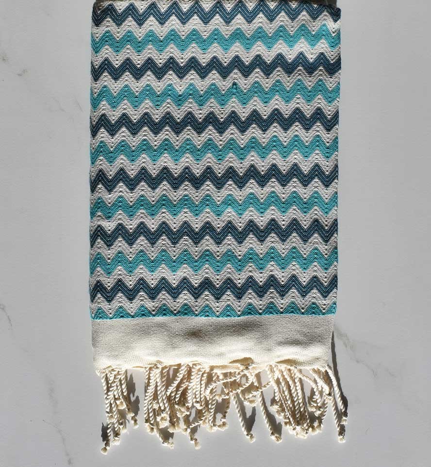 Fouta zigzag crème,bleu cobalt et Turquoise 